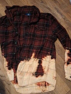 George Men's Rust and Black Plaid Button-Down Shirt with Bleach Accent